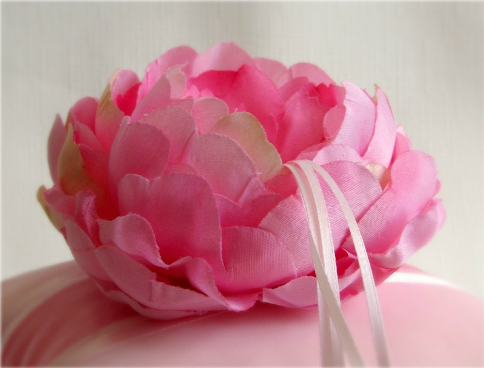 Pink Chiffon, Silk and Satin Ring Bearer Pillow with Large Peony Flower and Rhinestone Crystal Accents - Cerise Peony