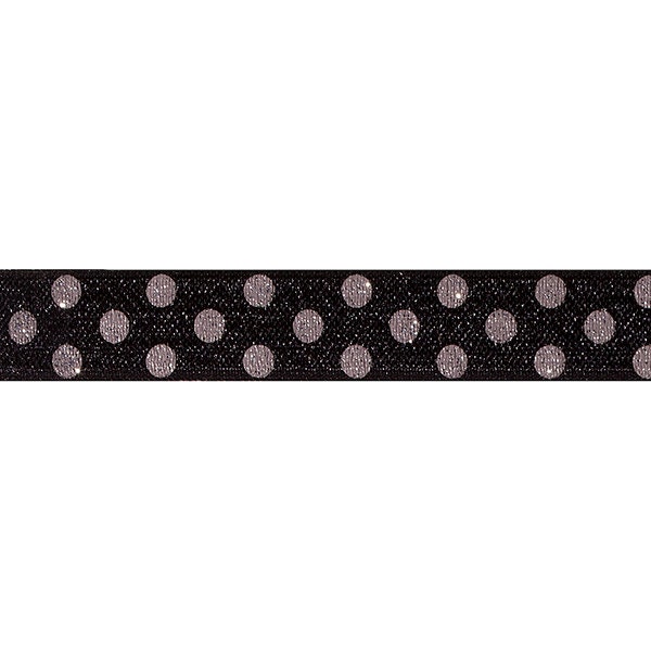 Printed Elastic, Black with Silver Glitter Dots Printed Elastic for Baby Headbands - 5 Yards