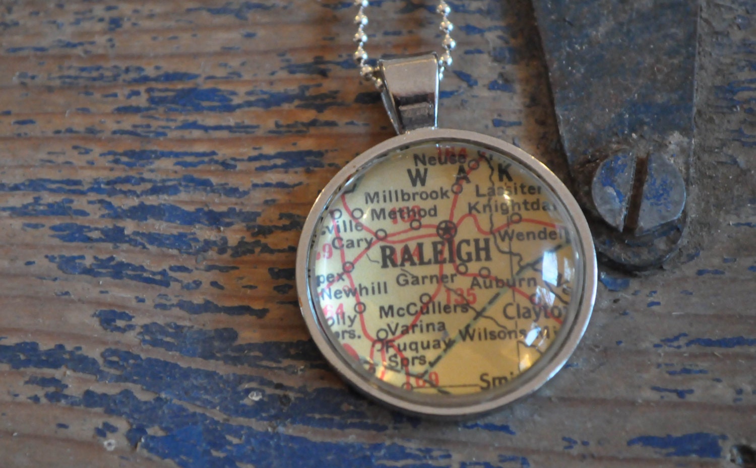 Map Pendant Necklace from Vintage Atlas RALEIGH North Carolina