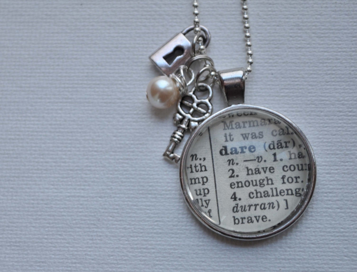 Vintage Dictionary  Necklace Pendant DARE with lock and key charm