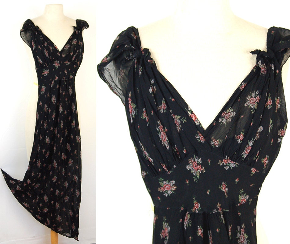 1930s silk dress, bias cut dress, black silk crepe, floral dress, pink roses, Size XS