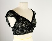 Vintage 1930s black lace bra, sheer lace camisole, side buttons, satin flower applique, Size 32 - 34