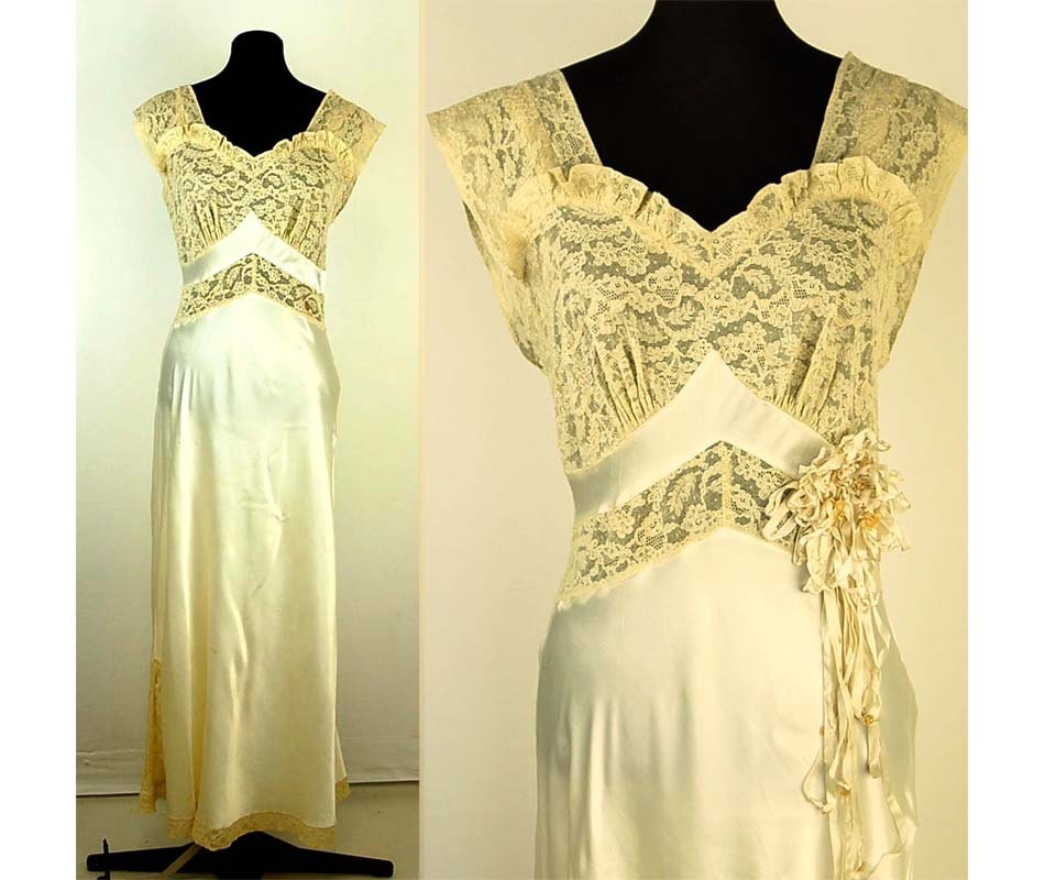 1930s satin nightgown, Fischer Rayon gown, ivory satin, cotton lace, Full length, Great Gatsby,