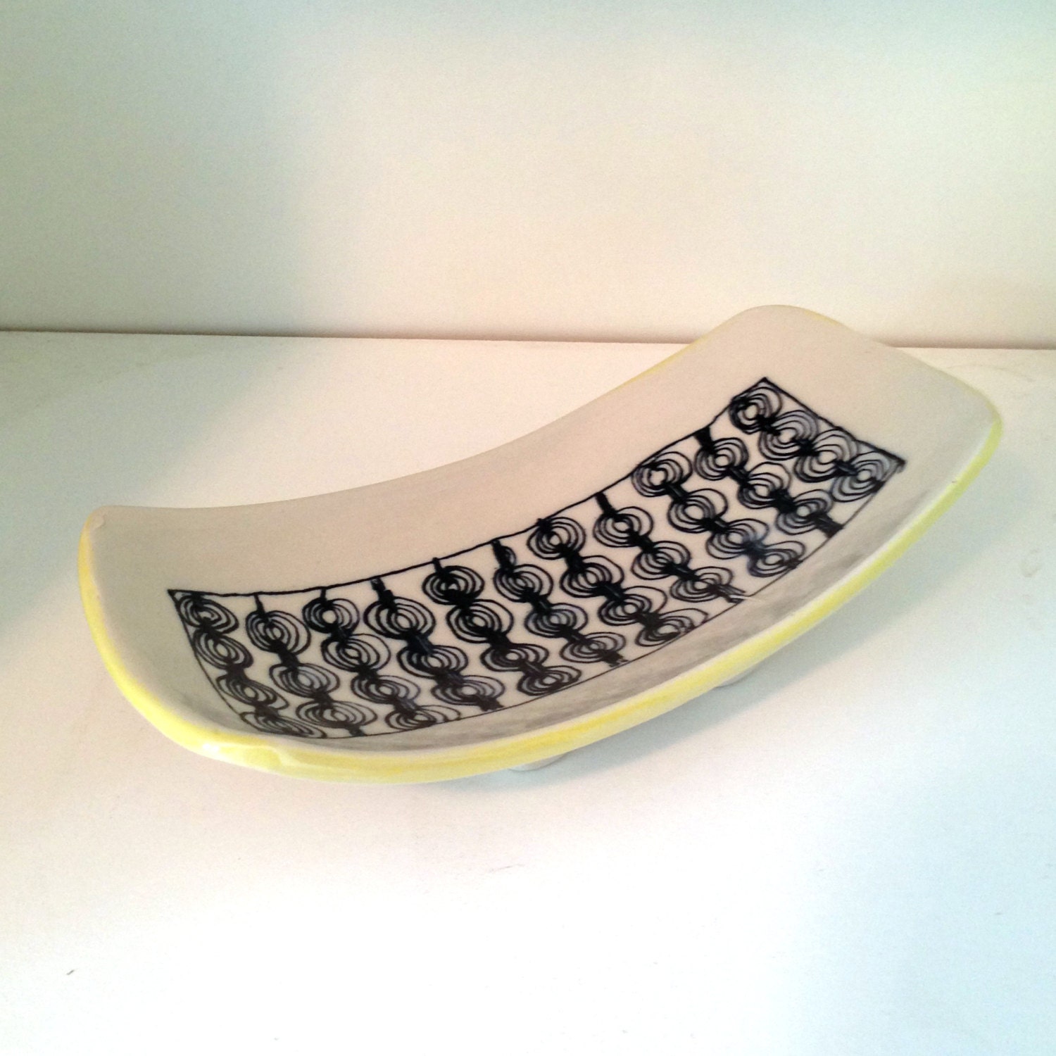 Small Pottery Dish with Black and White Circles