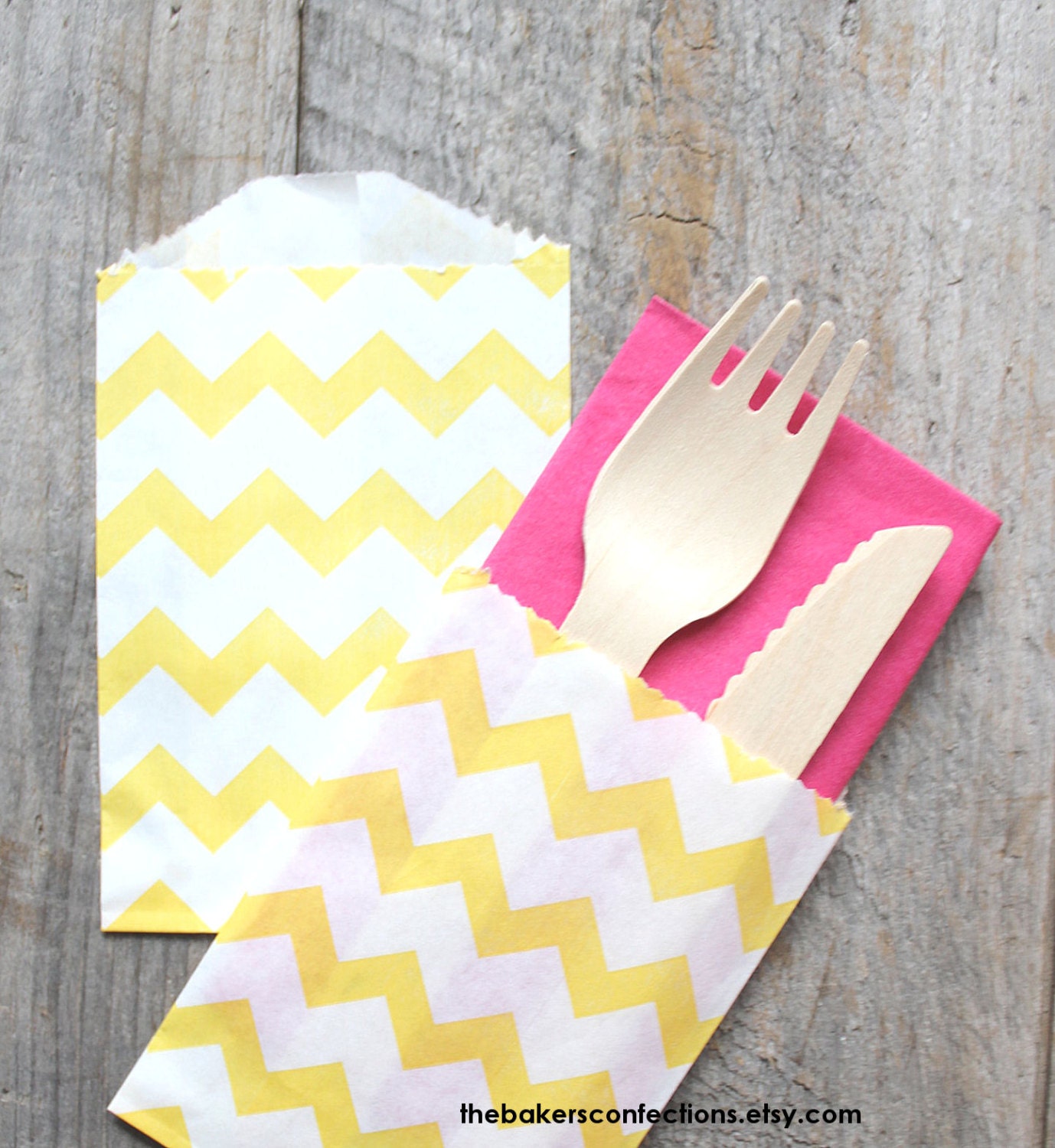 Mini Yellow Chevron Favor Bags, Mini Paper Treat Bags, Utensil Bags (set of 18)