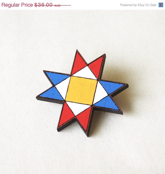 CLEARANCE SALE Quilt Star Brooch in Red, Blue, White, Yellow