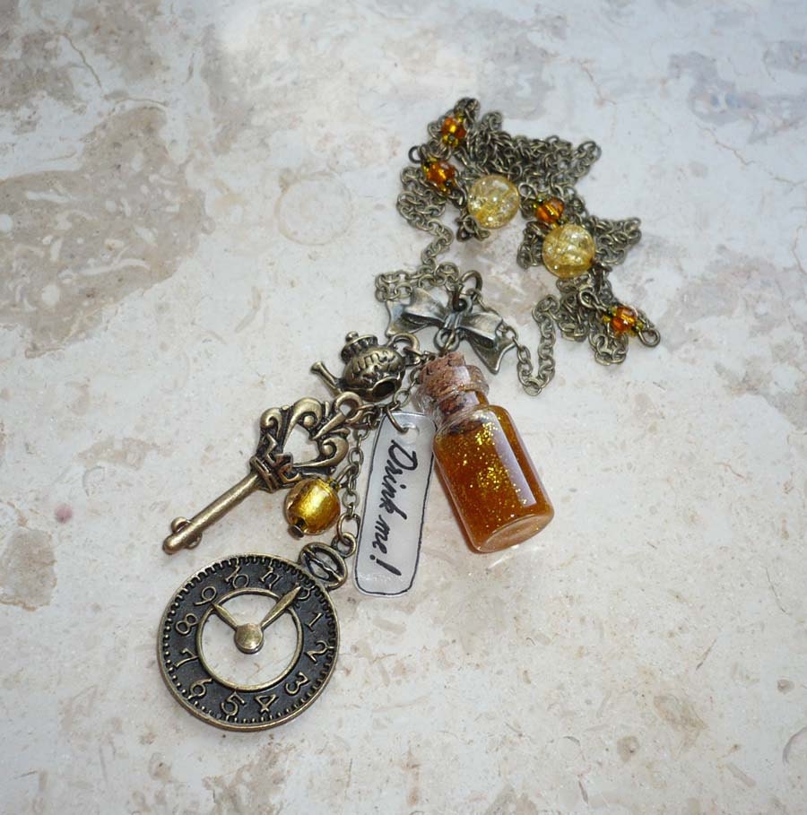Drink me - Alice in Wonderland charmed bronze necklace with tiny gold bottle, key, clock, teapot charm