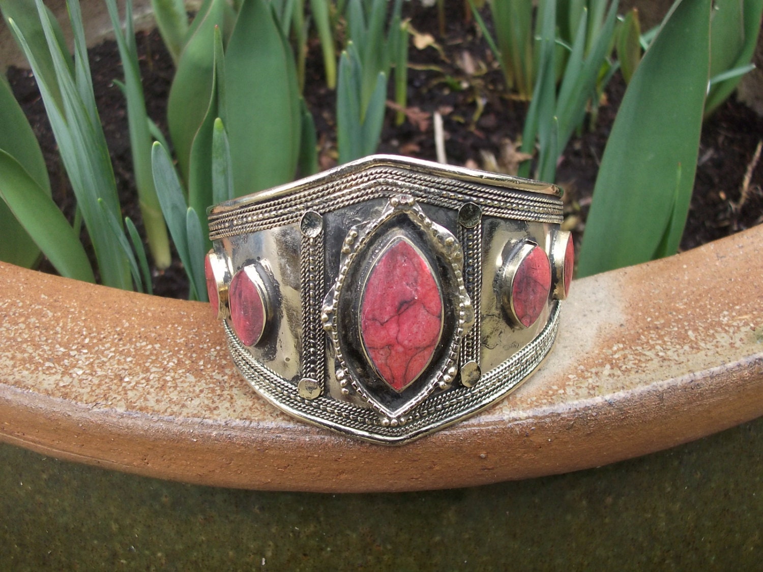 Afghan Tribal Jasper/Orange Stone inset Tribal Cuff Bracelet. Handmade.