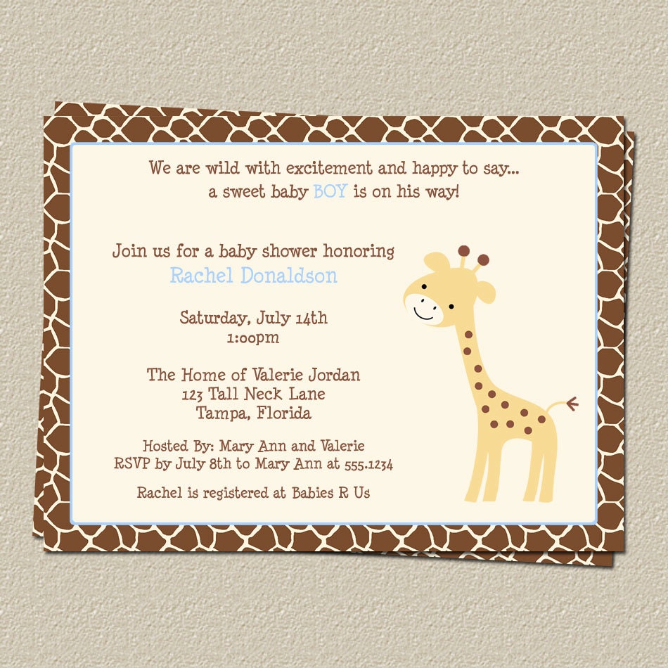 Giraffe Baby Shower Invitation, with Blue for Baby Boy, Gentle Giraffe,  Set of 10 invites with Envelopes, Free shipping