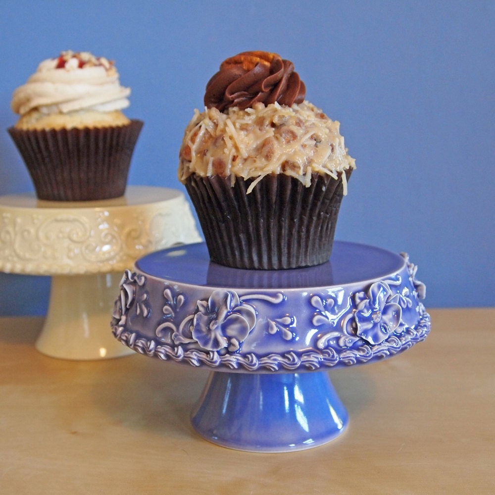 cupcake stand in lavender with pansies
