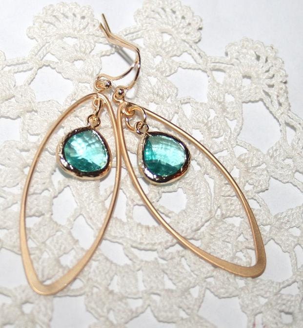 Gold Teardrop Aquamarine Blue oval Hoop Airy Earrings, Bohemian gold dangle Earrings, Boho Chic Aqua Blue Drop Feminine Earrings