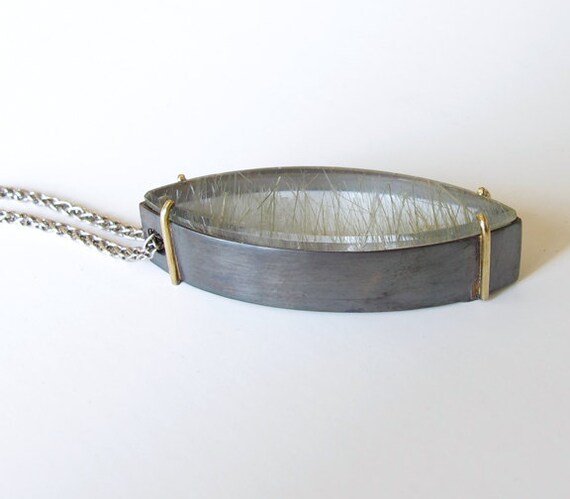 Green Quartz Marquis Talisman Pendant no.14 Oxidized Silver 18k