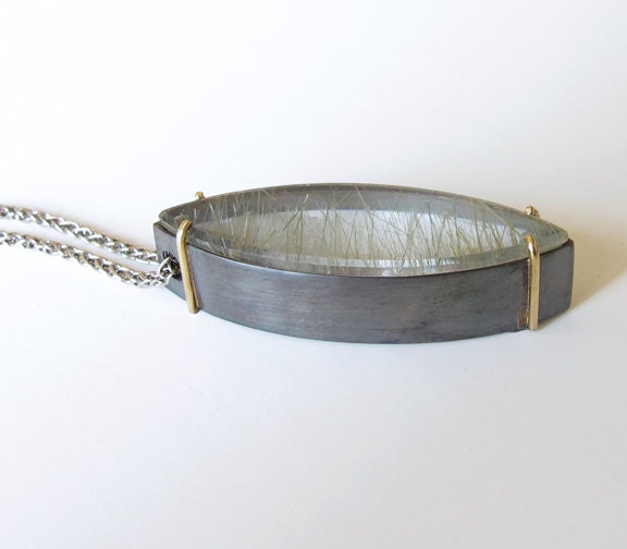 Green Quartz Marquis Talisman Pendant no.14 Oxidized Silver 18k
