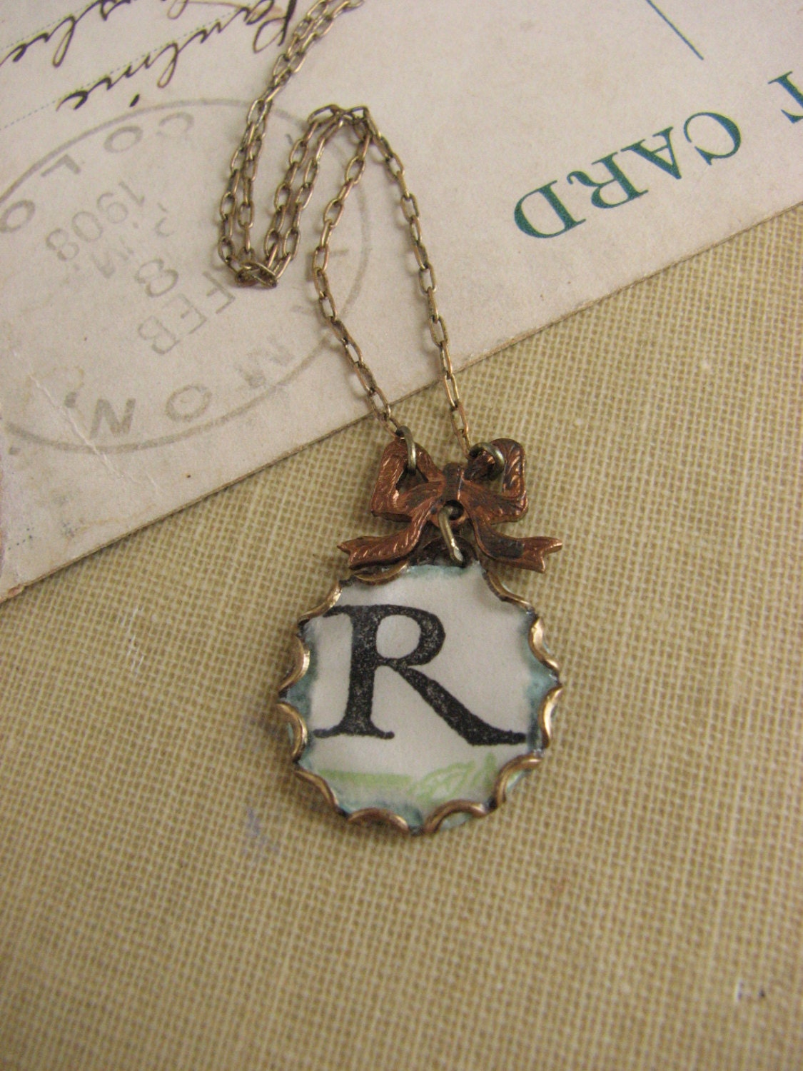 Shabby Chic R Monogram Necklace -sky blue, vintage paper, delicate, bridesmaid necklace