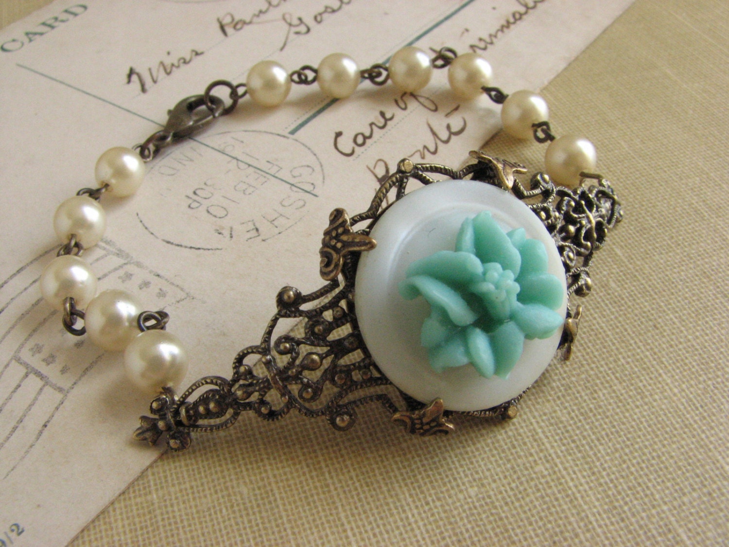 Vintage Button and Flower Assemblage Bracelet -mint green flower, mother of pearl, vintage pearl, half cuff