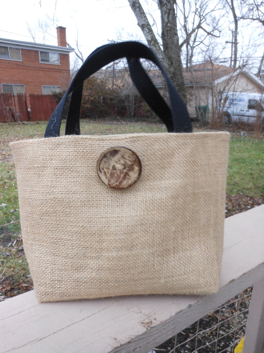 Natural Burlap  Tote Lunch Bag with Organic Button