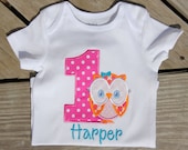 Custom girls Birthday Owl and number appliqued tee shirt or onesie... Personalized name and number