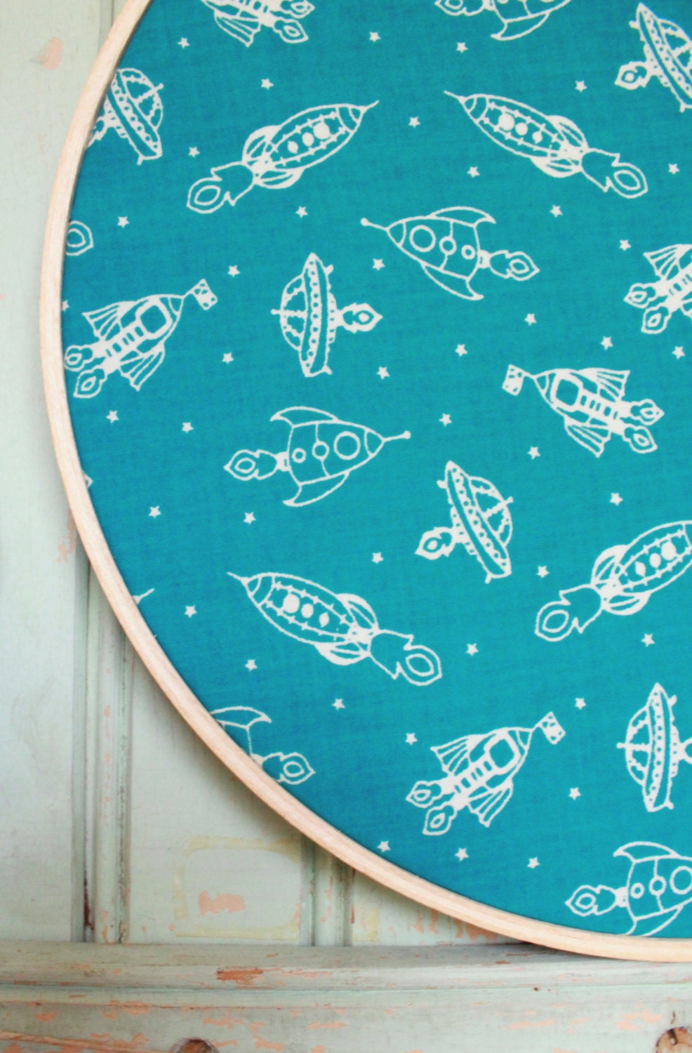 Organic Zoom Teal Half Yard - NEW Robotic by Rebekah Ginda for Birch Fabric Robot Space Ship Planet