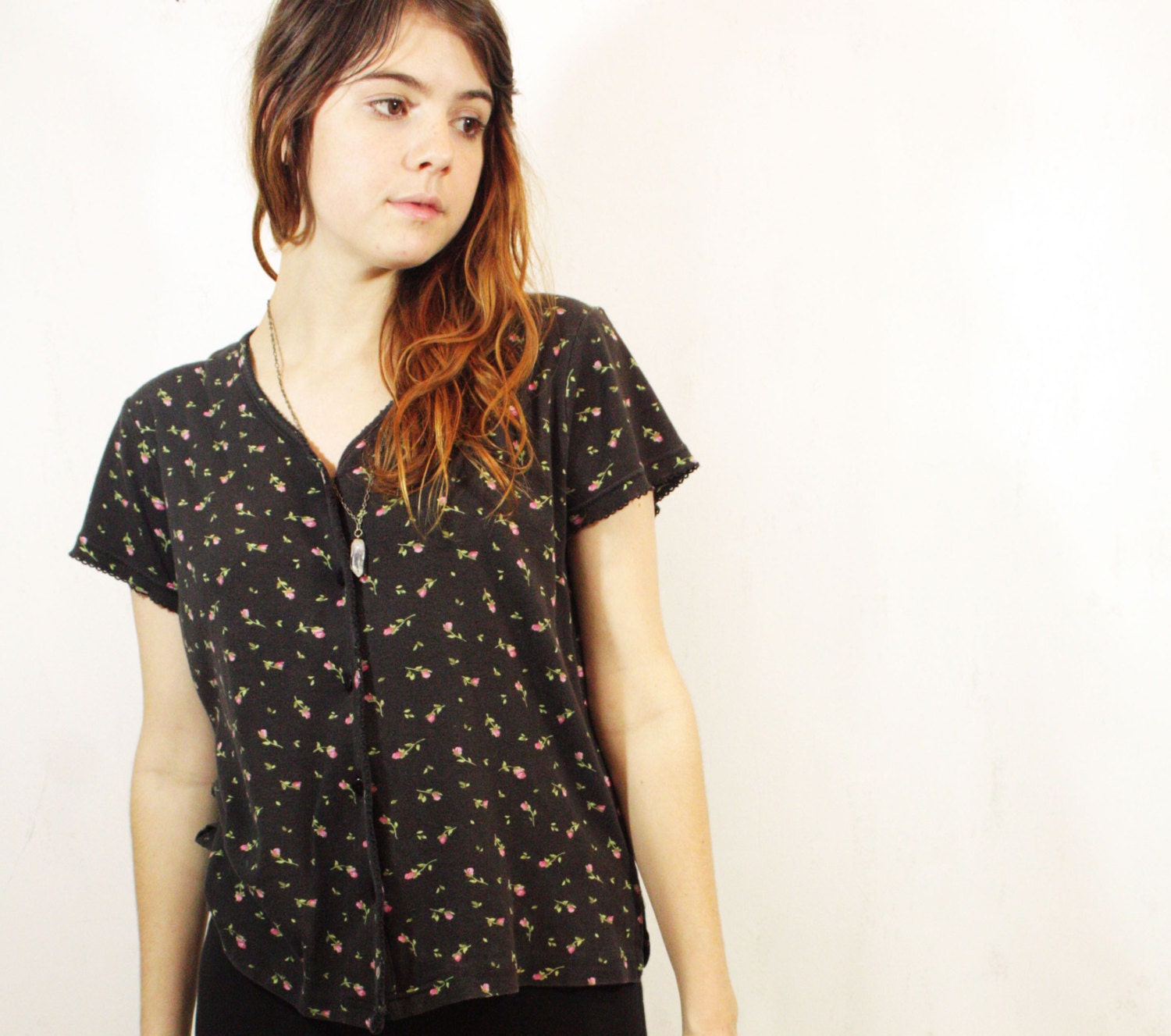 Black Floral Button Up Blouse S M