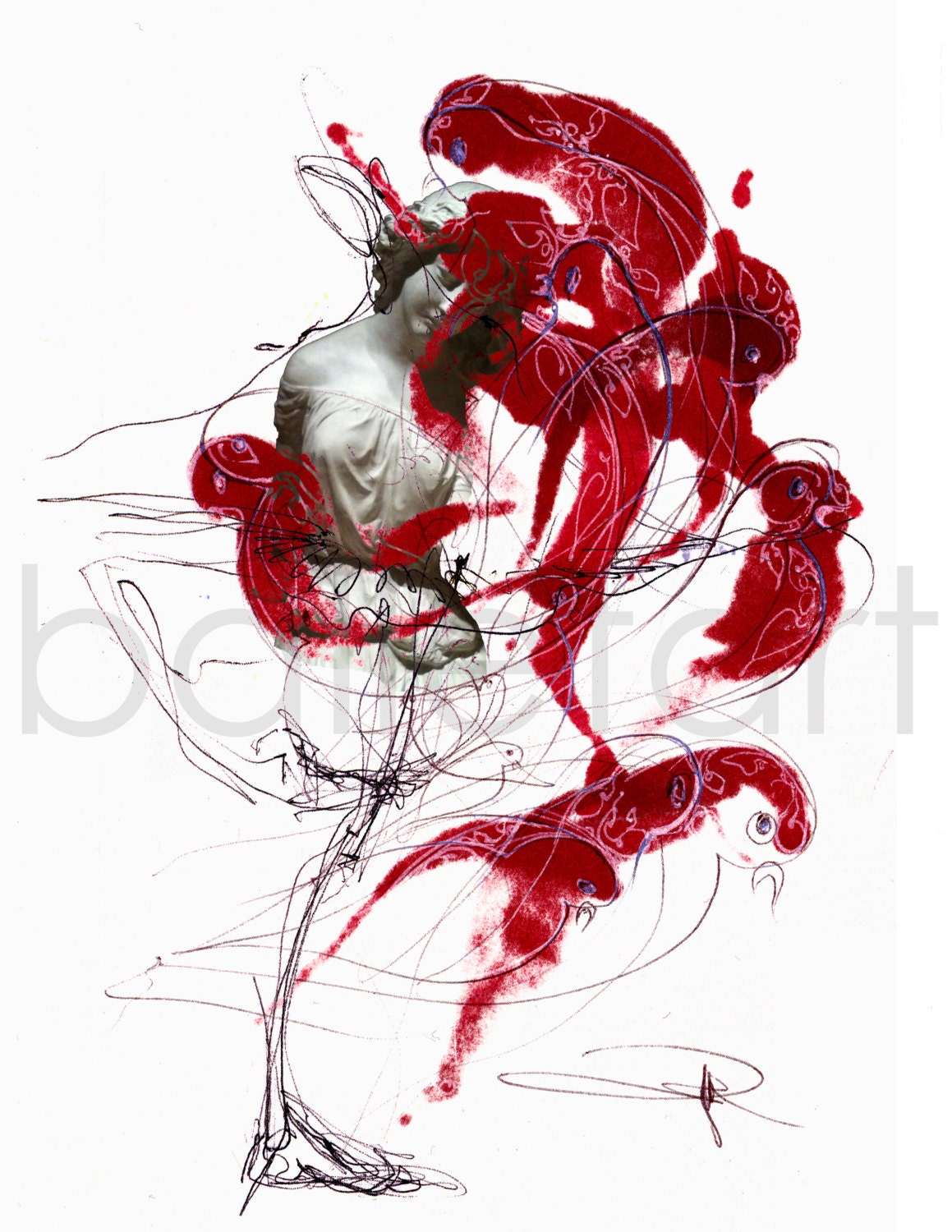 ruby red doves , ballerina in passe  drawing composition with sculpture