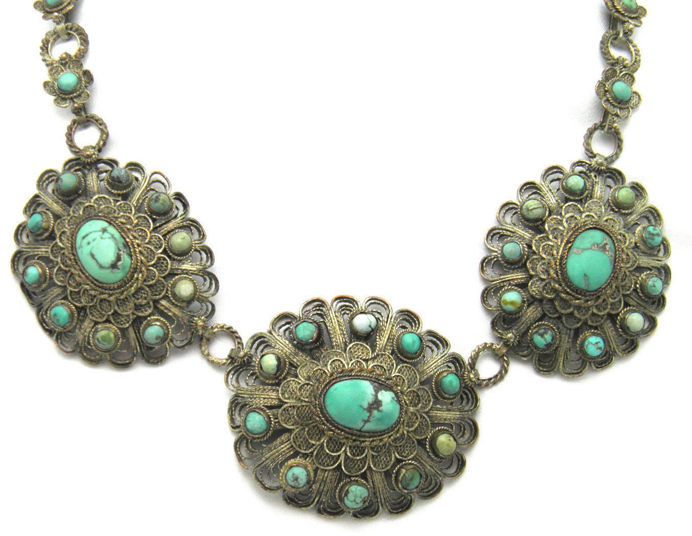 Amazing Old Chinese Victorian Silver Filigree Turquoise  Vintage Antique Necklace