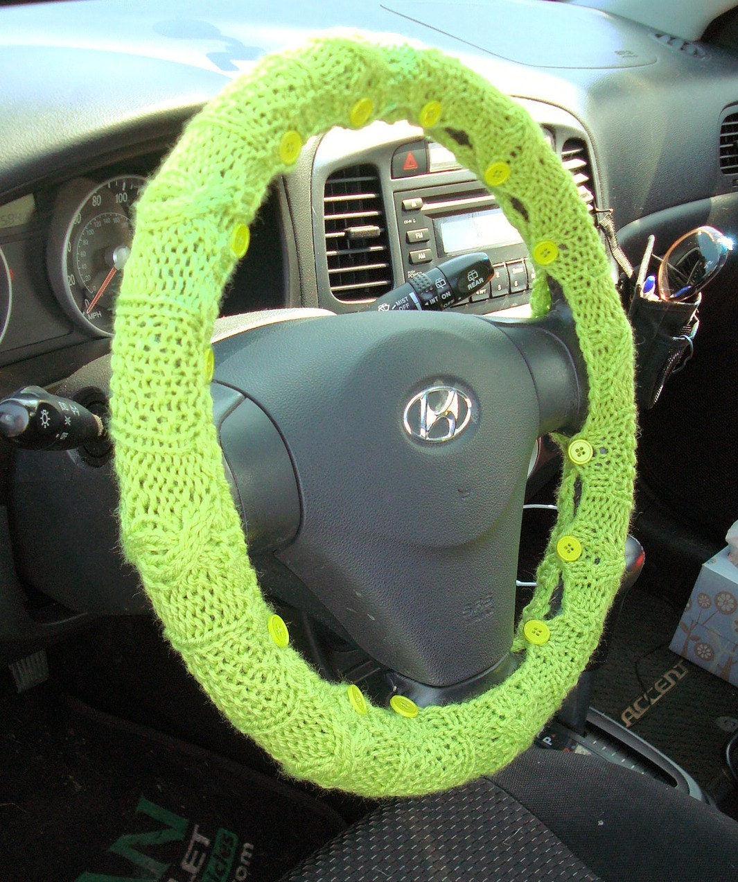 Knit Steering Wheel Cover (Bright Lime Green) with safety rubber backing- machine washable