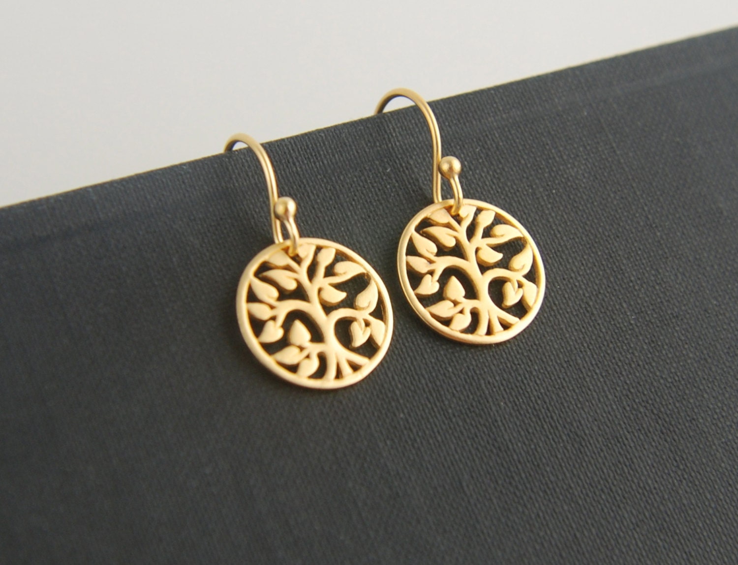 Small gold tree of life charm earrings, gold tree earrings, bridesmaid wedding, family tree, everyday jewelry, matte gold