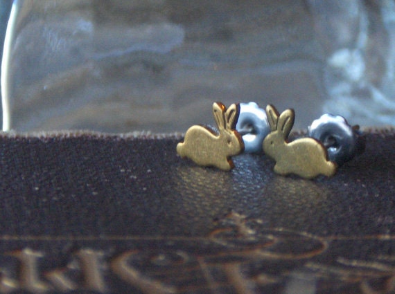 BUNNY HOP.  Teeny Tiny brass bunnies on titanium post earrings. Chymini collection