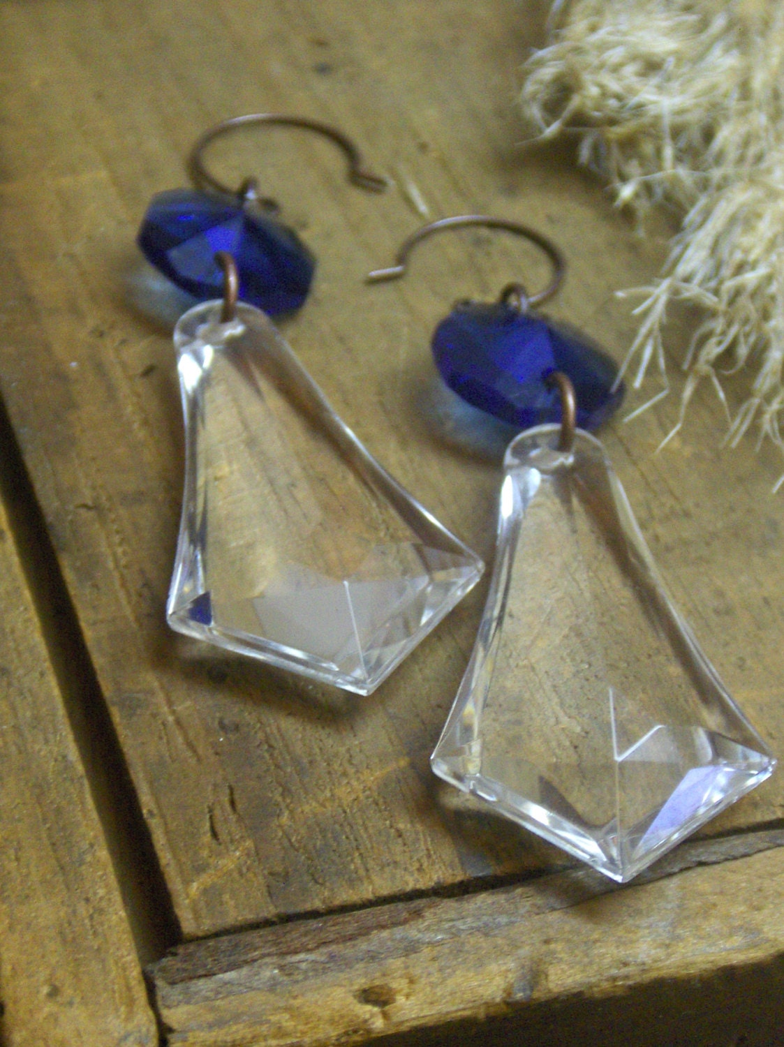 THE WITCHING HOUR. Cobalt blue crystal and Clear Lucite crystal dramatic earrings
