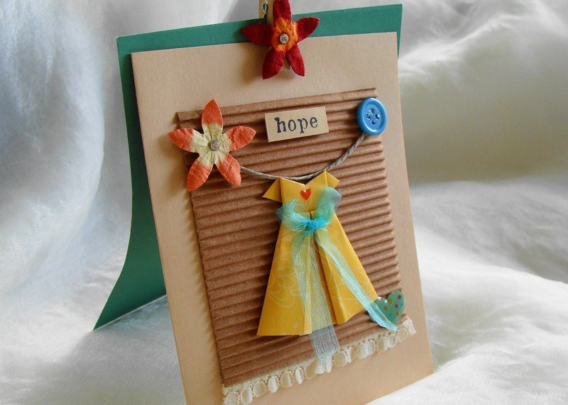 Gift Card, Inspirational Card, Origami Dress Card,  Paper Dress, Aqua Yellow, Hope