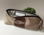 vintage herringbone fabric pencil case zip pouch leather  // la trousse