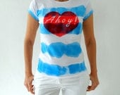 Hand Dye Blue Striped Ahoy Tee , Nautical Women T Shirt ,  hand stenciled red heart Size M/L
