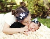 BLACK and WHITE Vintage Couture Silk Rosette Headband with French Veiling on Black Stretch Lace
