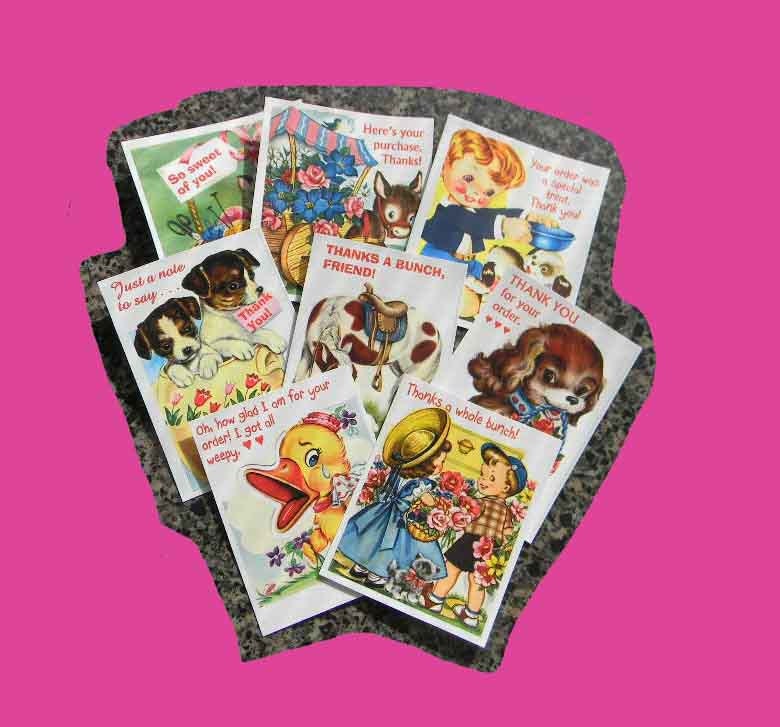 16 Thank You Cards Vintage Style. BUY 1, 2, 3 OR 4 SETS of 16 Gift Tags With Notations, Animals, Children. 3513