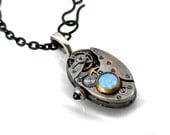 Opal Steampunk Necklace with Oval Vintage Watch Movement - Black 28 inch Long Chain Necklace