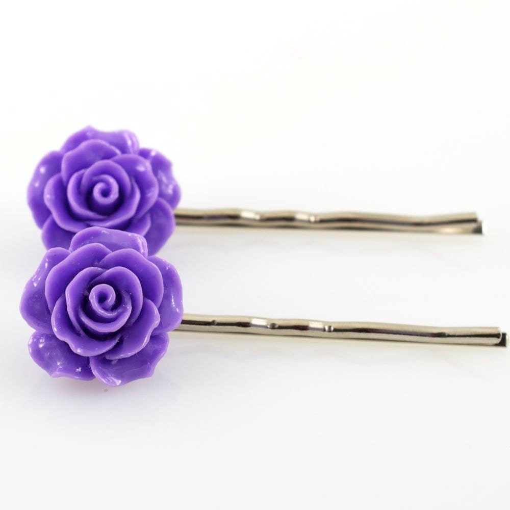 Flower Hair Pins, Purple Resin Rose Cabochon, Set of 2