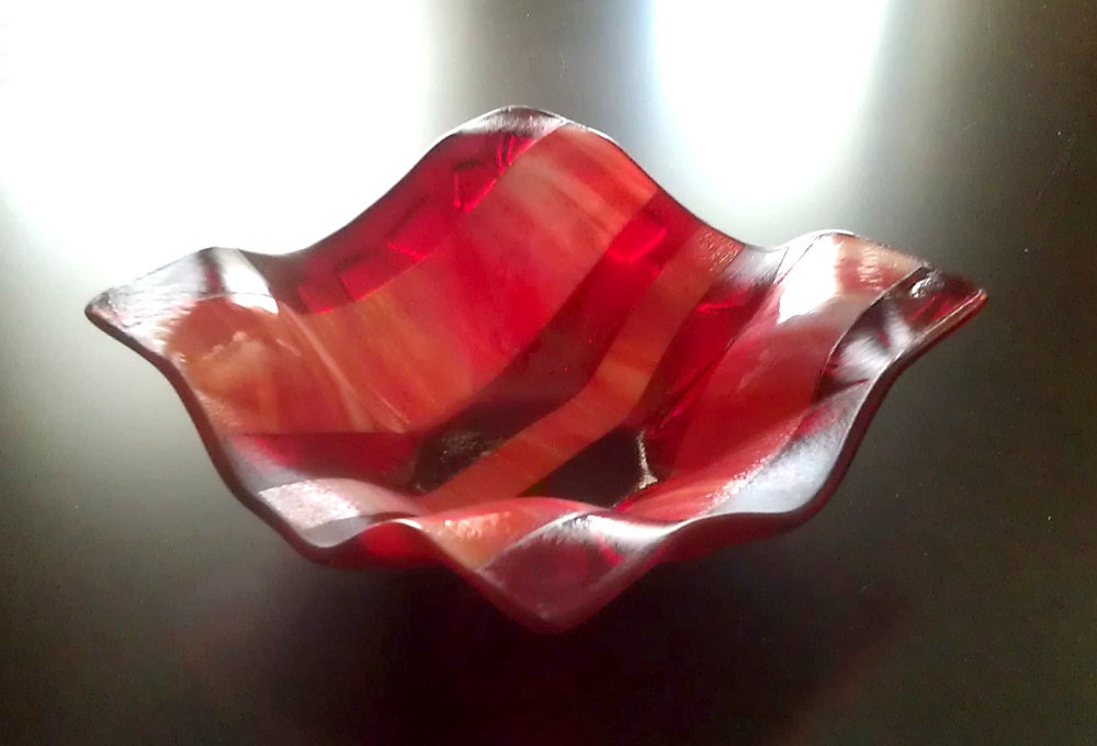 Red Bowl, Vessel, Fused Glass, Crimson, Lines & Curves, Home Decor, Hot Red