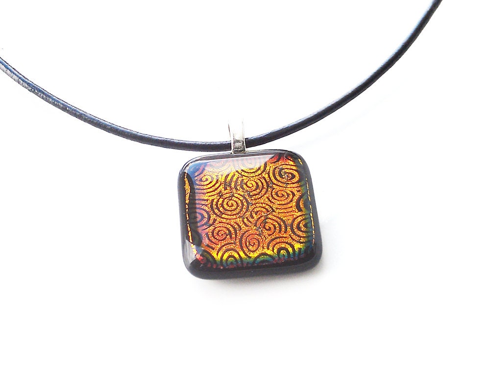 Copper Spiral Dichroic on Black  Pendant - Fused Glass Necklace Jewelry