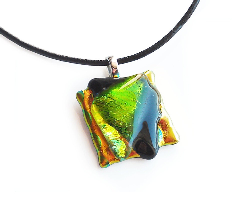 Necklace, Green Black & Gold, Abstract, Pendant, Dichroic Fused Glass, Handmade