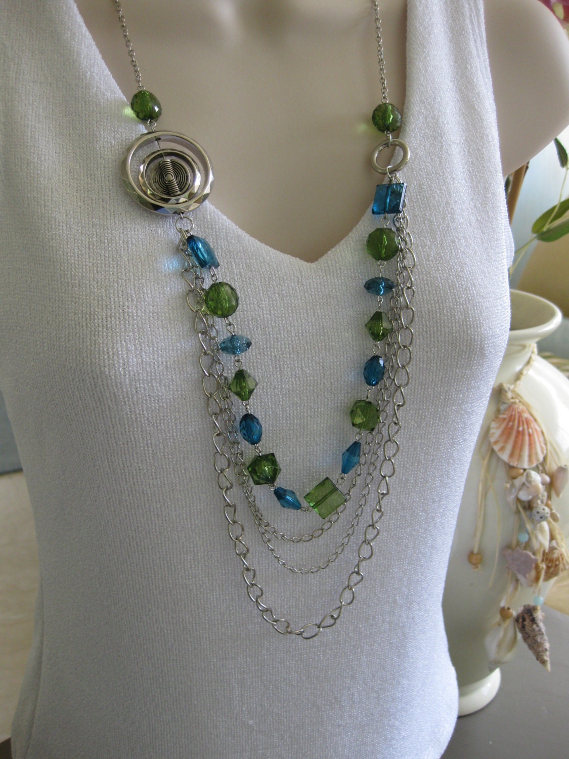 Bead Necklace, Multistrand Necklace, Beaded Necklace, Blue, Green, Chunky Beads, Long Necklace, Blue Necklace, Green Necklace