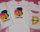 Personalized Baby Girl Gift Set Onesie, Burp Cloth, Bib Bumble Bee with pink bow