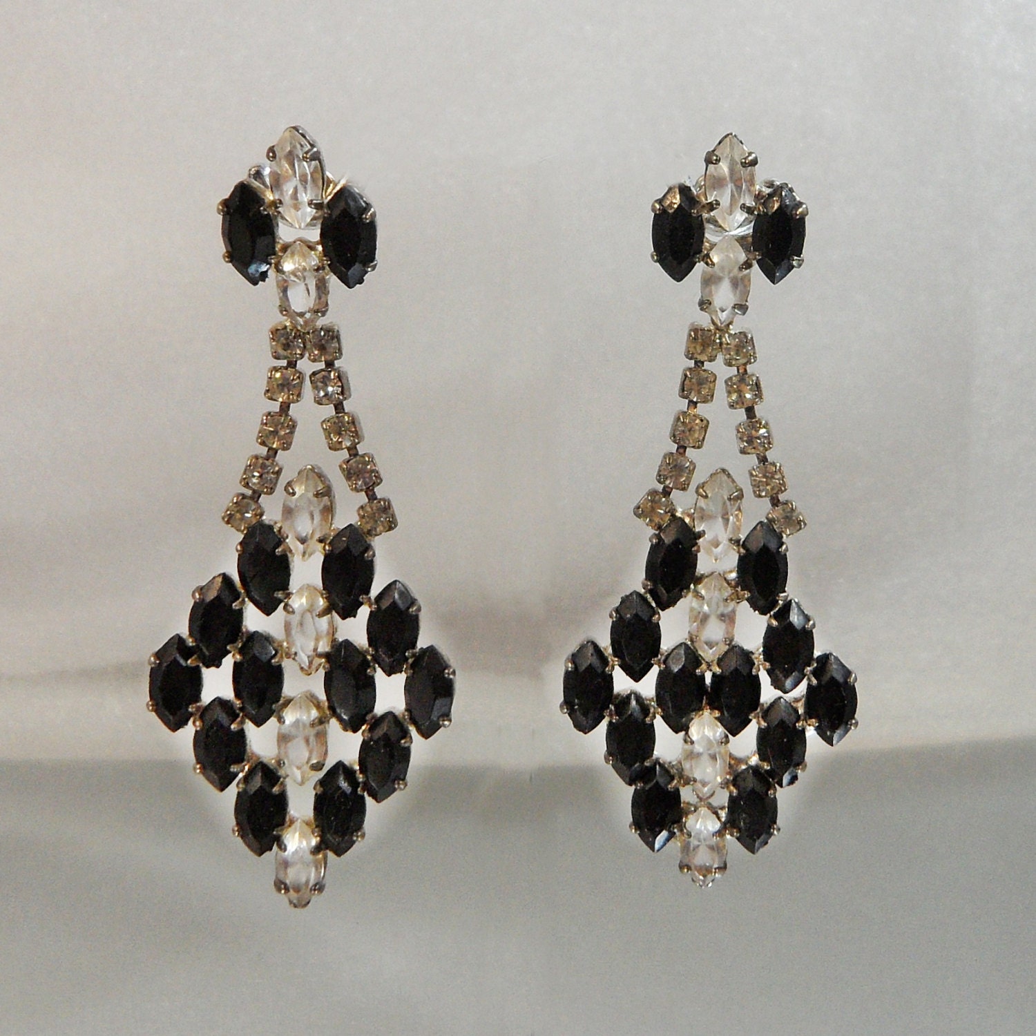 Vintage Rhinestone Earrings. Clear Black Rhinestones. Showstoppers. Shoulder Sweepers.