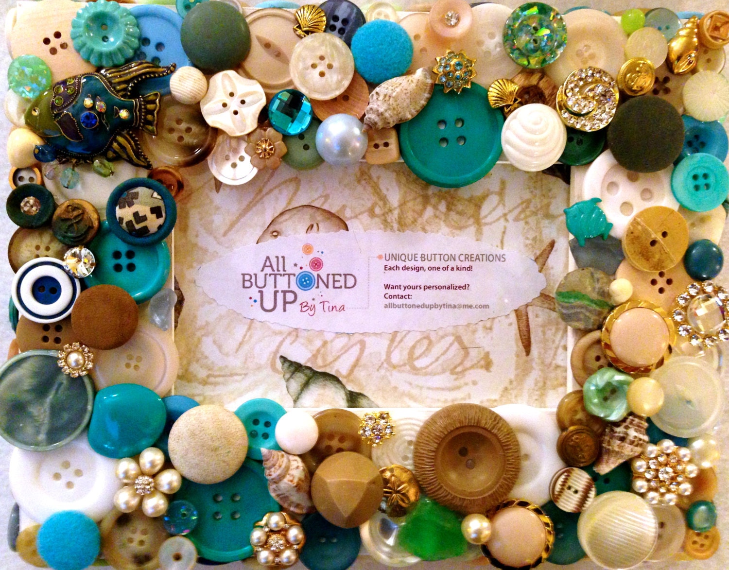 Beach Themed Button Picture Frame in White, Tan, Blue and Aqua for 4"x6" photo