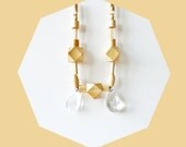 Wood Hedron Bead Geometric Necklace / Antique Glass Teardrop / Statement / Pendant Necklace