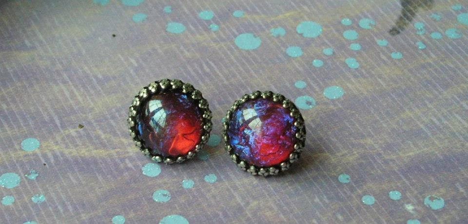 Fire Opal Earrings on posts hypo allergenic one of a kind Dragon's Breath stones