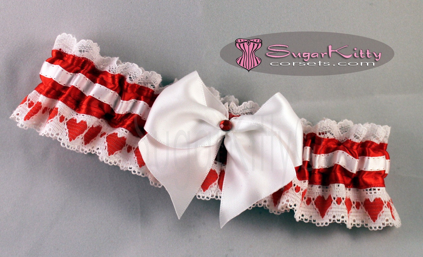 Red & White Hearts and Satin Garter - SugarKitty Corsets