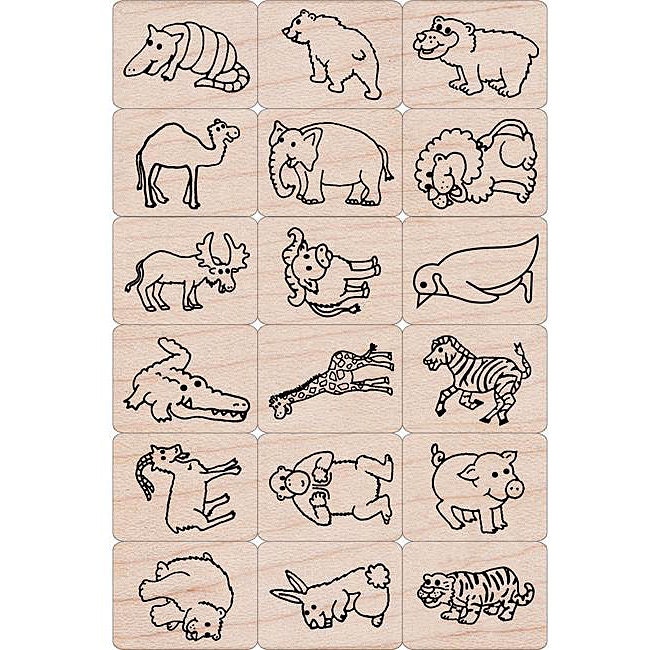 Fun Animals Stamps Set (18 woodblock stamps and 1 Ink Pad). Ink n Stamp Woodblock Craft Stamp (LL411)