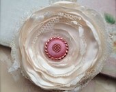 Tattered Shabby Reclaimed Fabric Corsage Brooch Pink Vintage Button - Colette Loves Paris In The Springtime