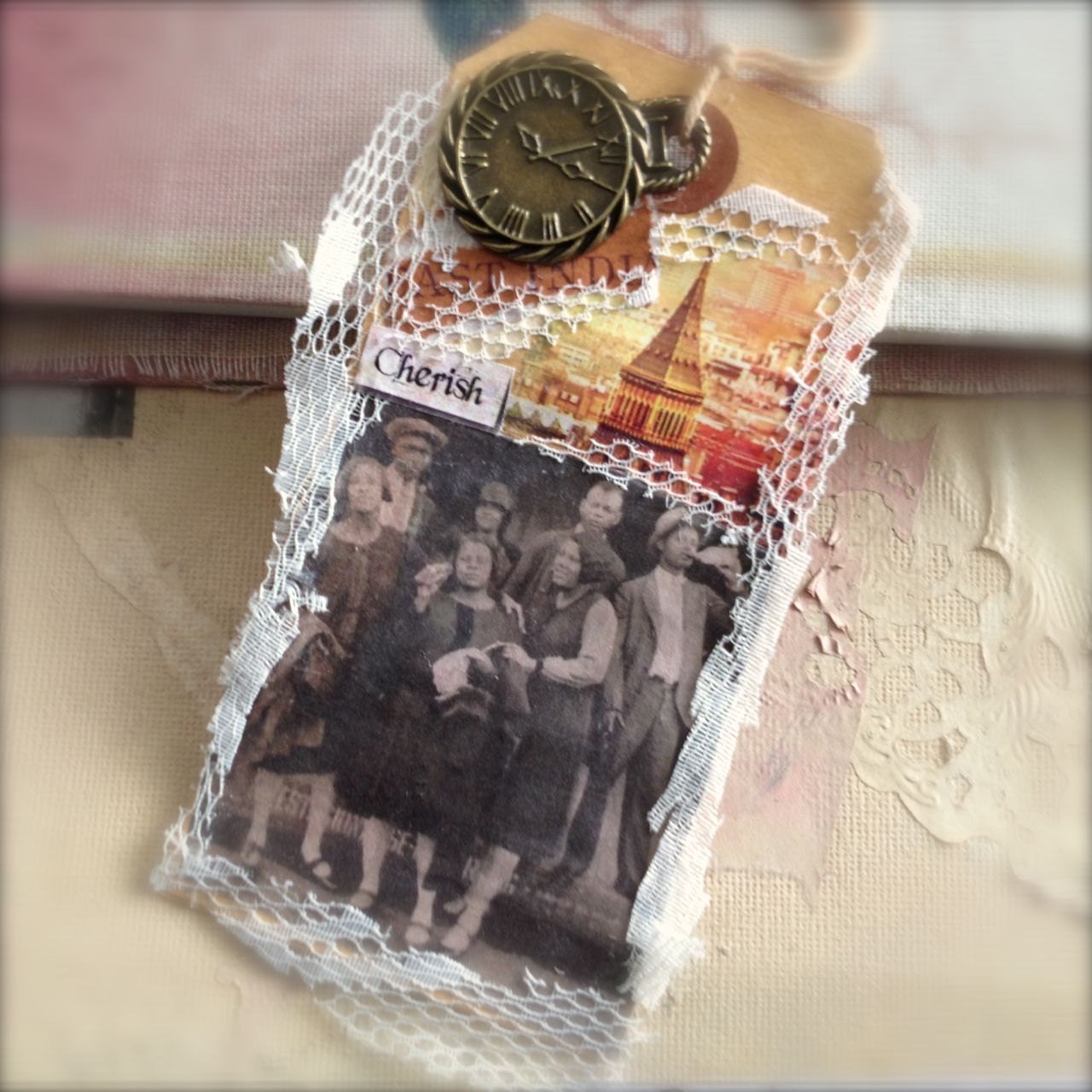 Hang Tag Mixed Media Collage Gift Art Tag - Cherish Friendships