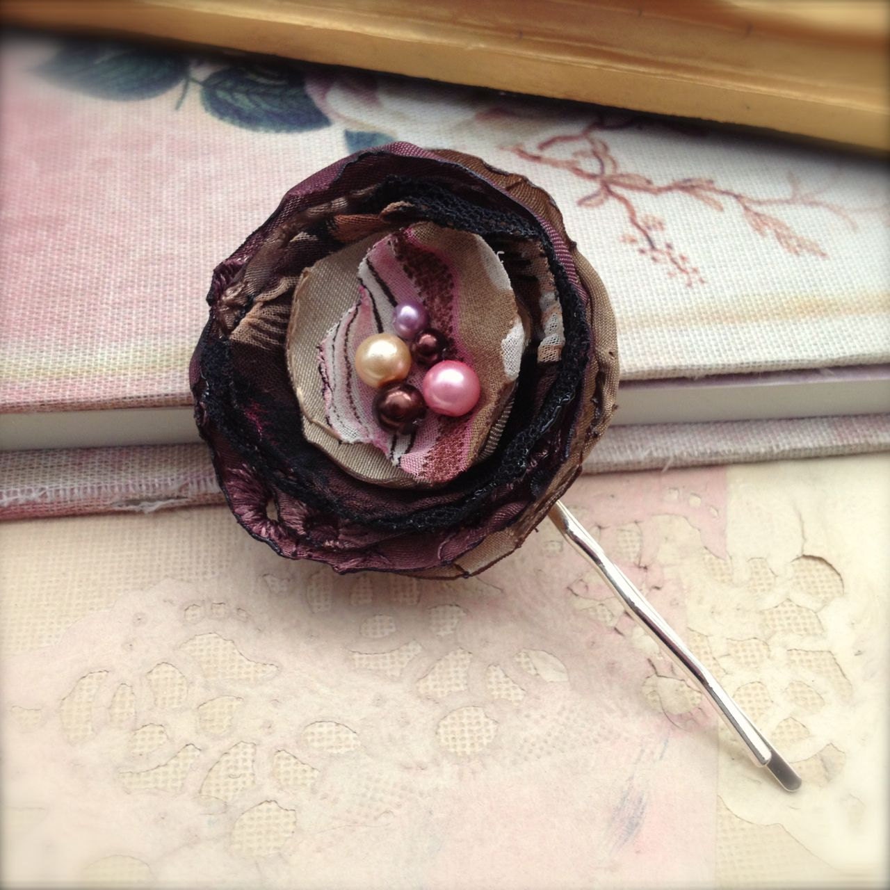 Flower Bobby Pin Corsage Hair Pin Tattered Shabby Brown Pink Black Upcycled